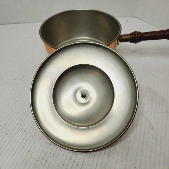 BONGUSTO Copper Sauce Pan/Pot Lid ITALY 7" Dia Covered Cooking TinLined VTG Wood - Picture 4 of 16